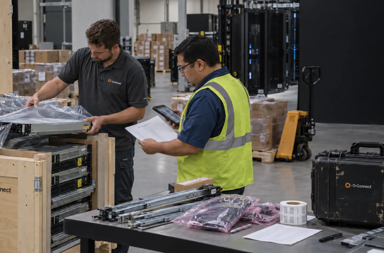 Server receiving and deployment staging O-Connect technicians receiving and reconciling rack-mount servers in a data center staging area