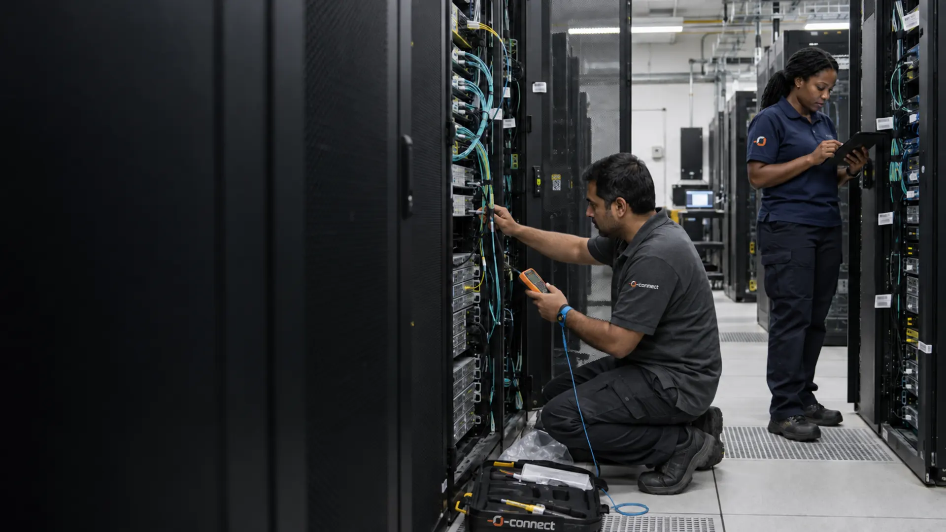 O-Connect field team commissioning data center infrastructure O-Connect technicians testing and documenting live rack connections in a data center