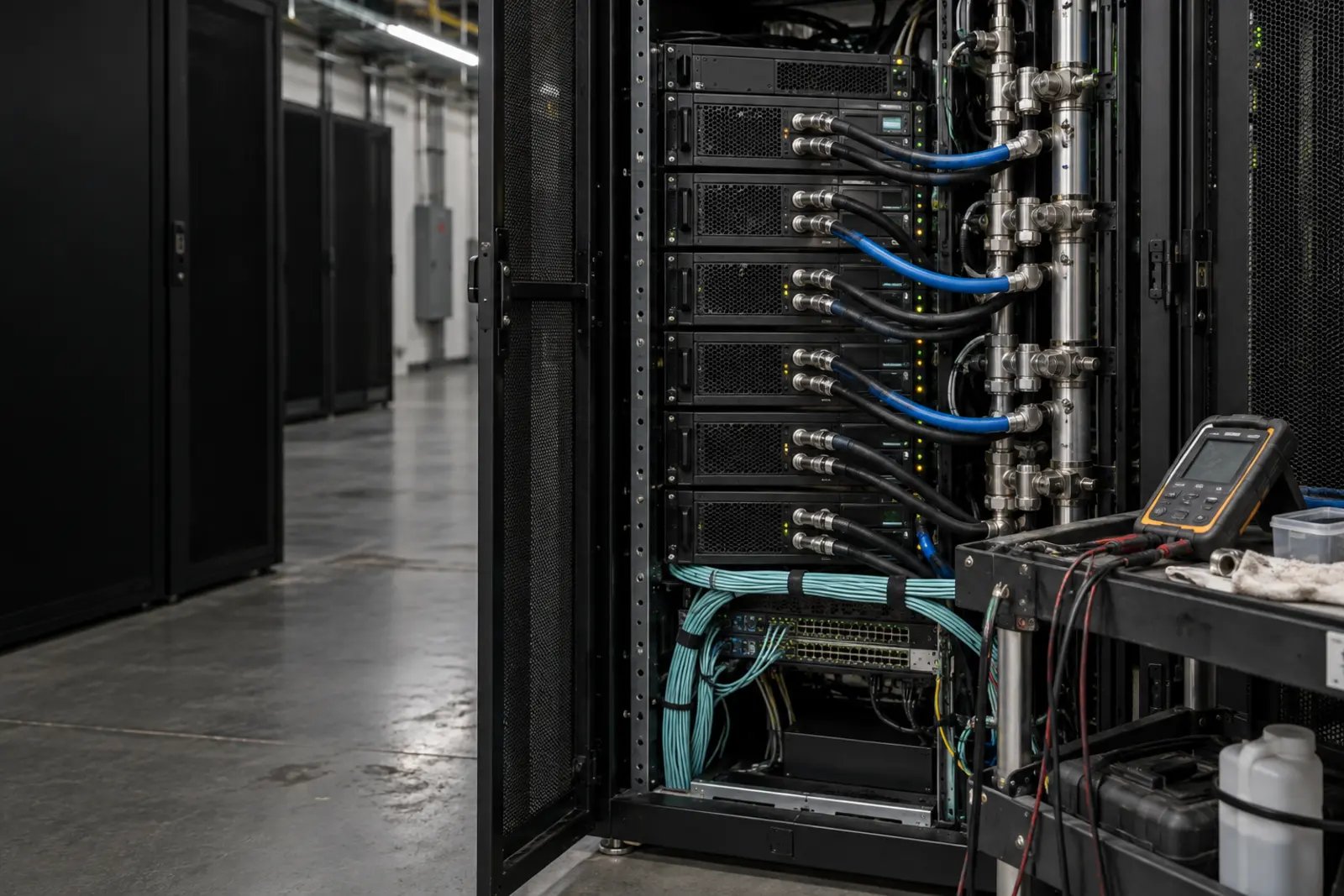 High-density liquid-cooled compute Liquid-cooled high-density compute rack prepared for commissioning and validation
