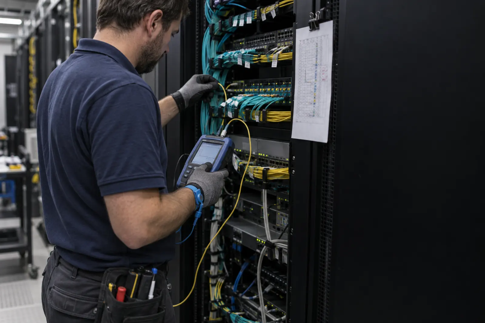 Fiber testing and rack validation A field technician testing and labelling fiber connections in a live network rack