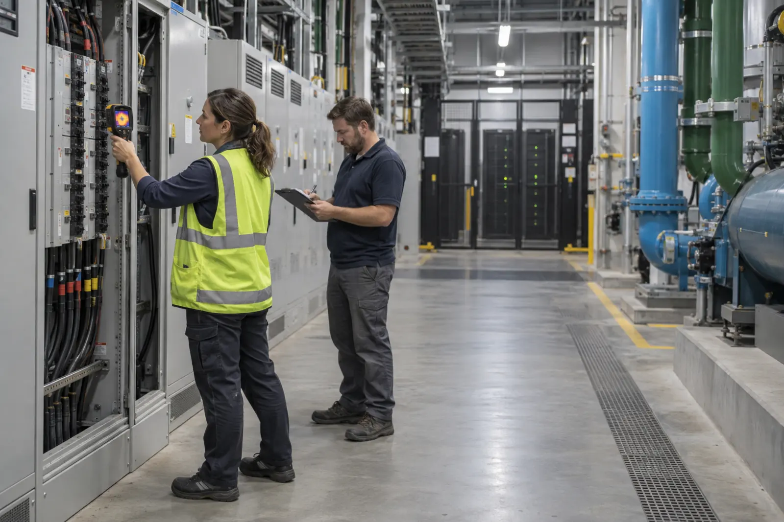 Power and cooling site-readiness inspection Facilities engineers inspecting power and cooling systems before a data center deployment